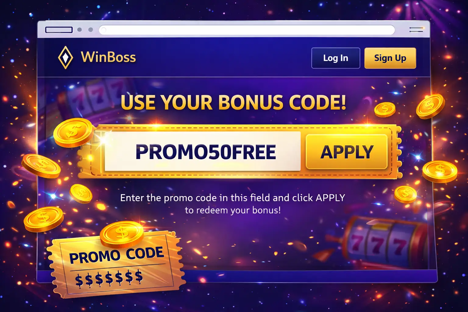Як виглядає промокод на сайті WinBoss з прикладом поля введення та формату бонусного коду
