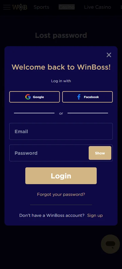 Мобільна форма входу на платформі Вінбосс для зручної авторизації зі смартфона