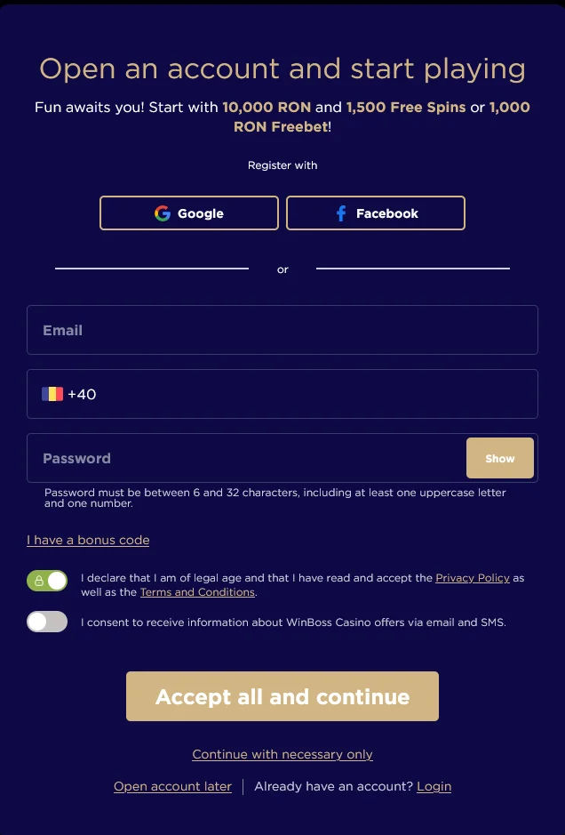 Форма реєстрації на сайті WinBoss для створення нового ігрового акаунта